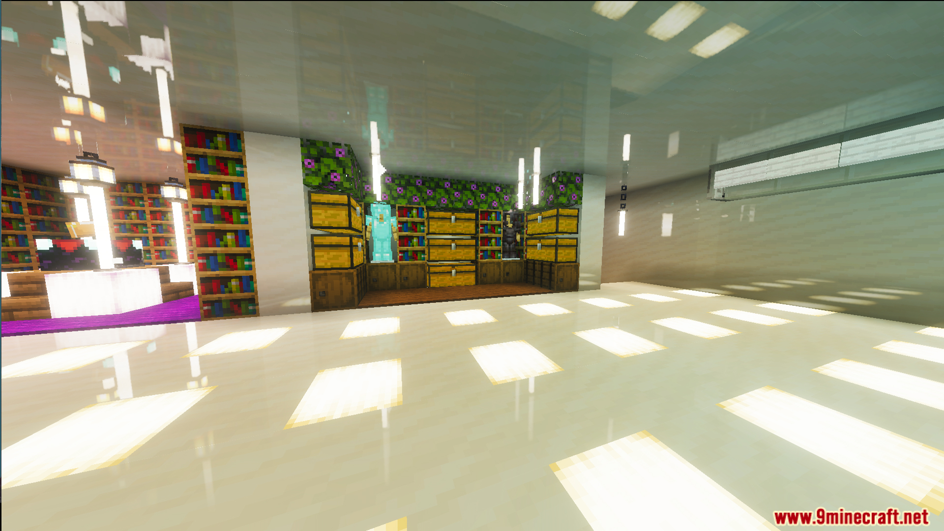 Interior storage room with armor stands in the Survival Modern House 13 map
