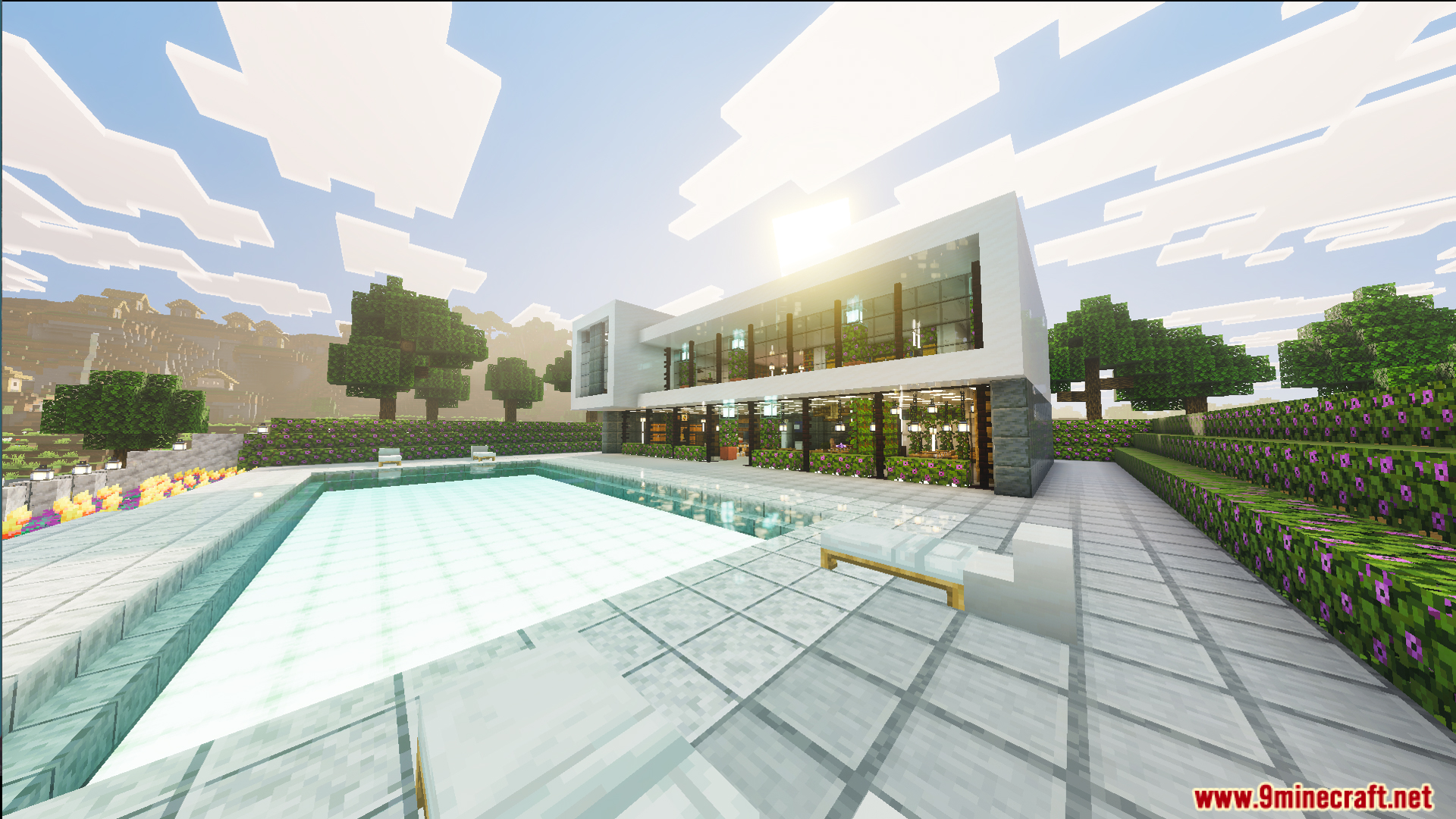 Large white mansion with a swimming pool in the Survival Modern House 13 Map