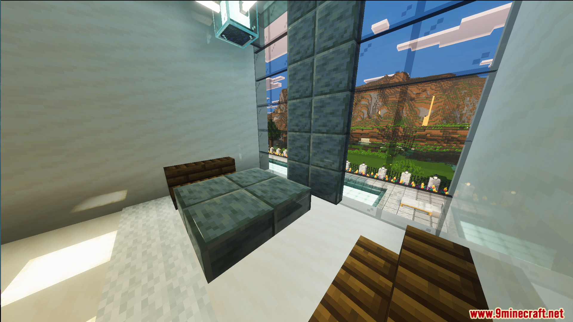 Modern bedroom with custom furniture and a large window overlooking the pool