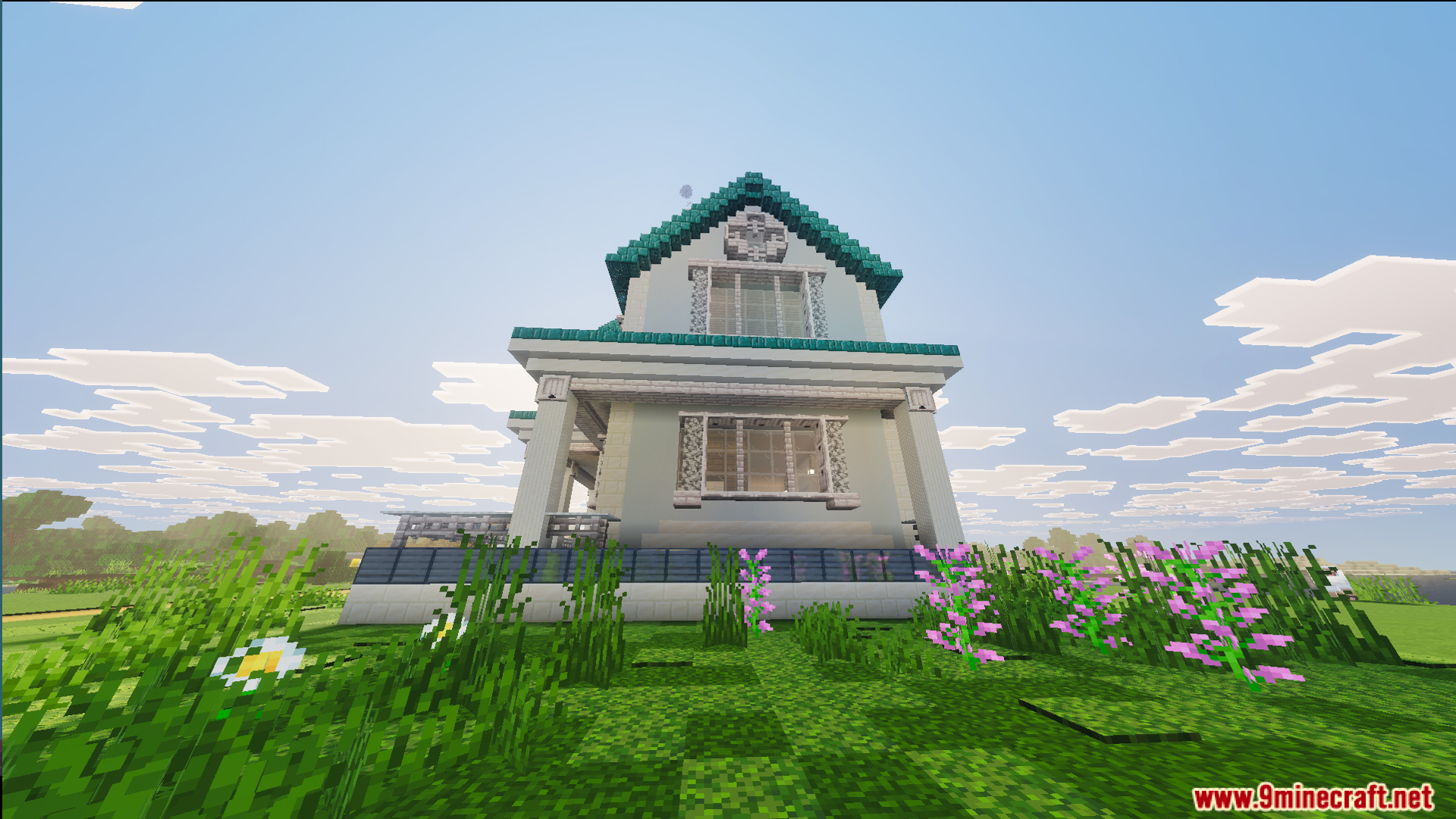 Survival Suburban House 48 Map Screenshot 2 Front view of a two story house with a teal roof and windows