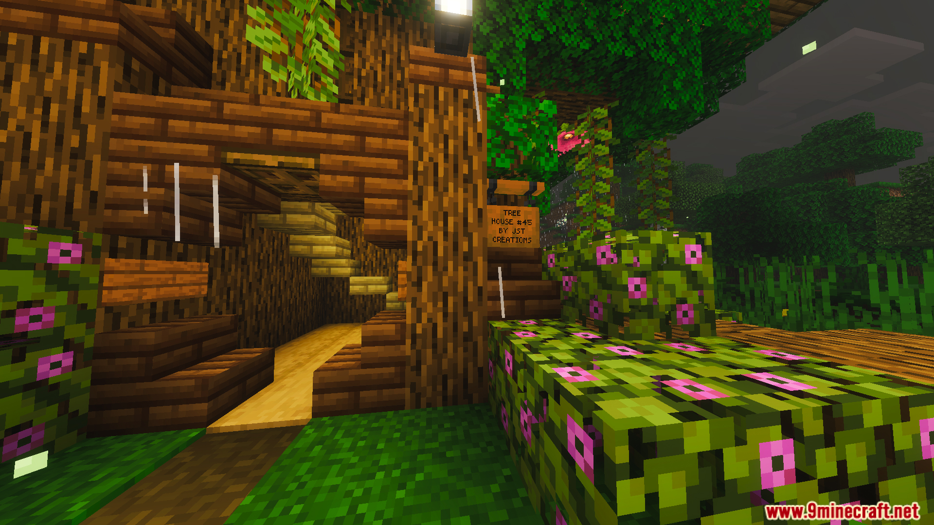Survival Tree House 45 Map Screenshot 8 The entrance to Survival Tree House 45 features flowering bushes and stairs