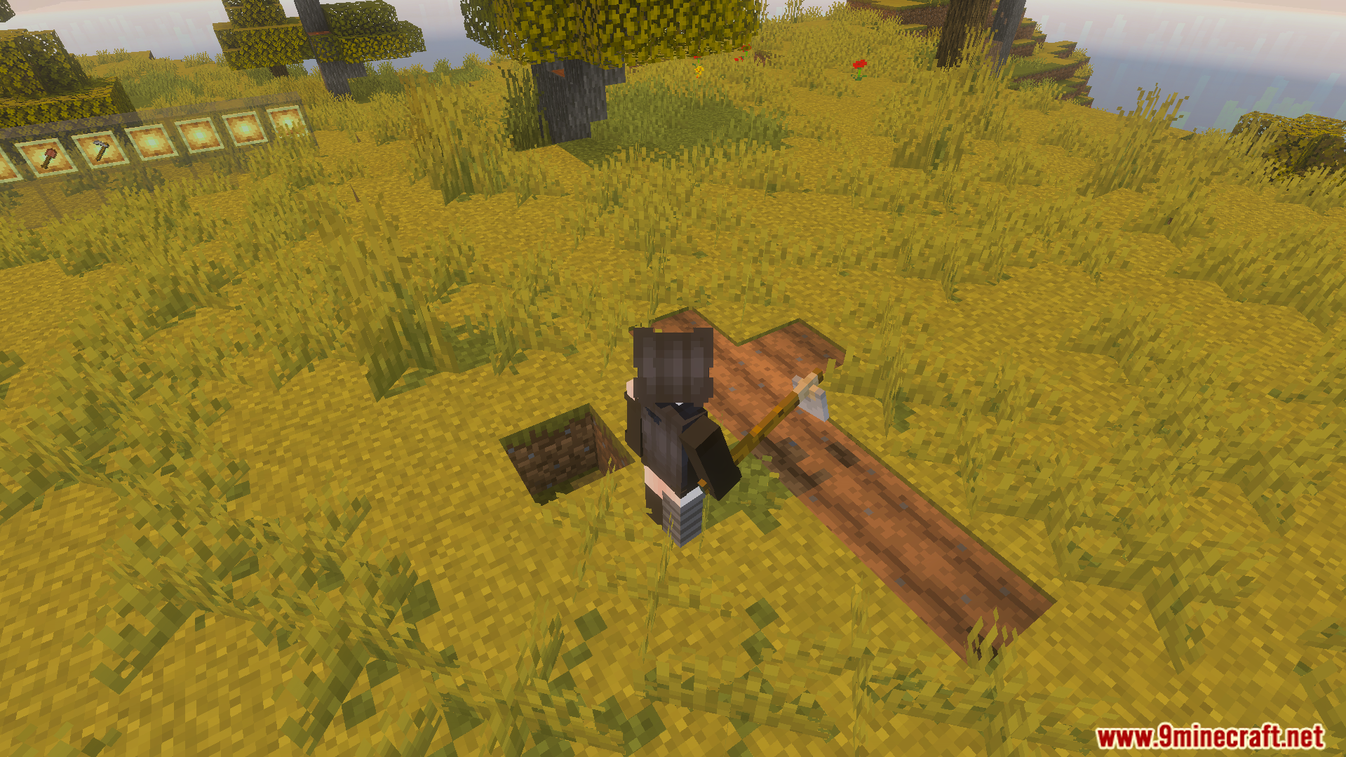 Tactical 3D Tools and 3D Weapons Pvp Texture Pack Screenshot 7 Player holding a three dimensional axe model near a wooden cross on grass