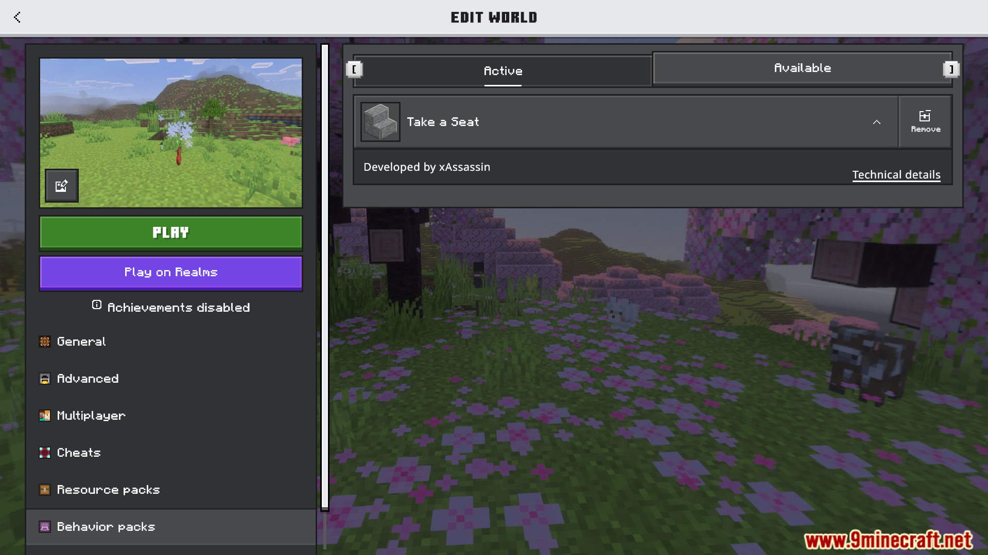 Minecraft edit world screen showing the active Take a Seat behavior pack