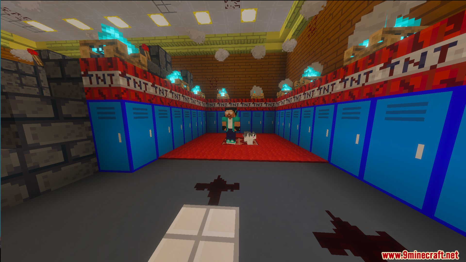 Player and cat in a school hallway with blue lockers and TNT blocks