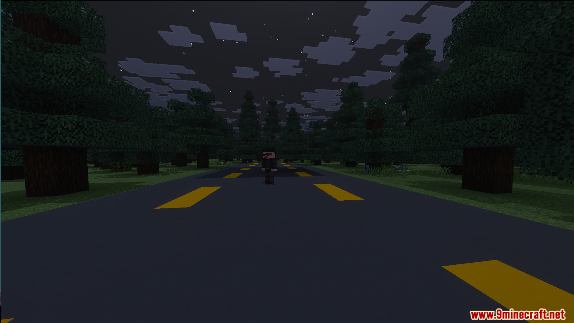 Walter White character standing on a dark road surrounded by trees at night