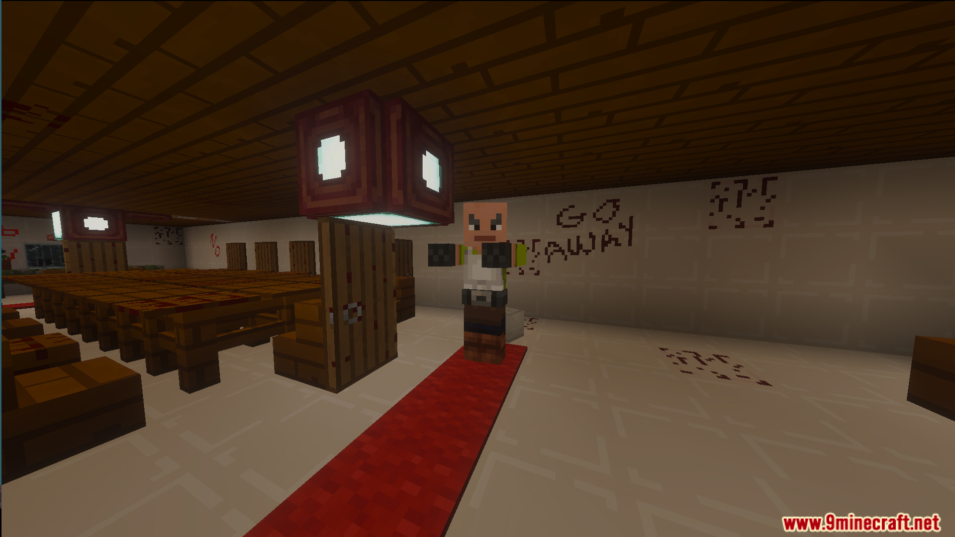 A character stands on a red carpet in a room with warning text
