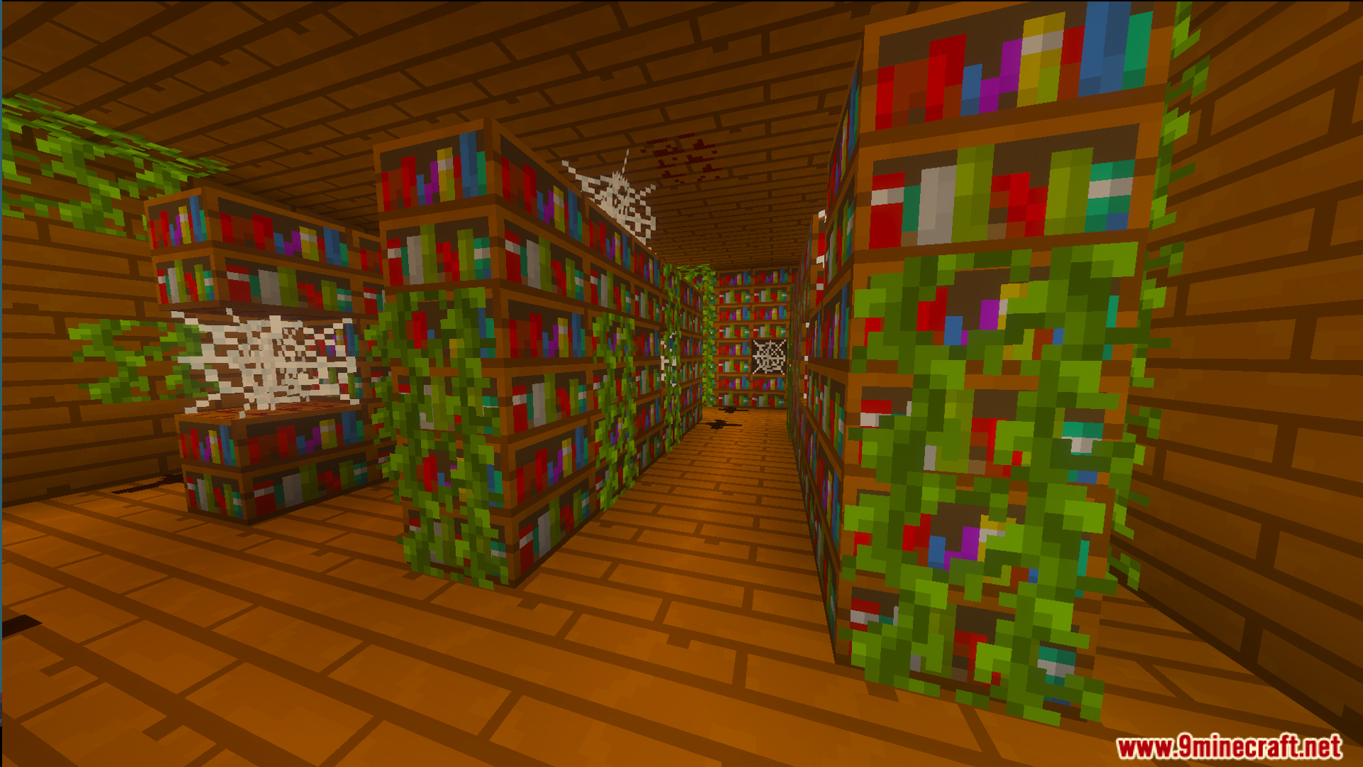 Overgrown library with bookshelves and cobwebs inside the creepy school from Baldis Basics