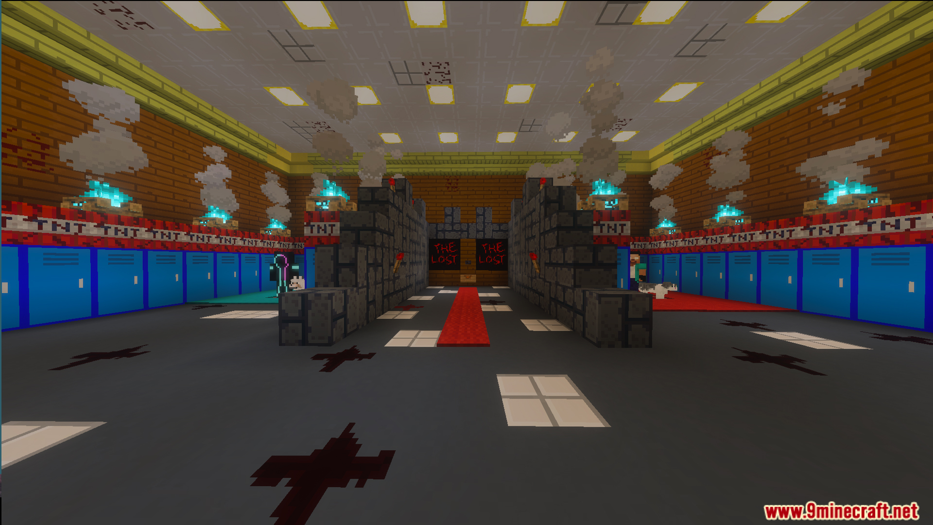 A creepy school hallway with blue lockers TNT blocks and soul campfires