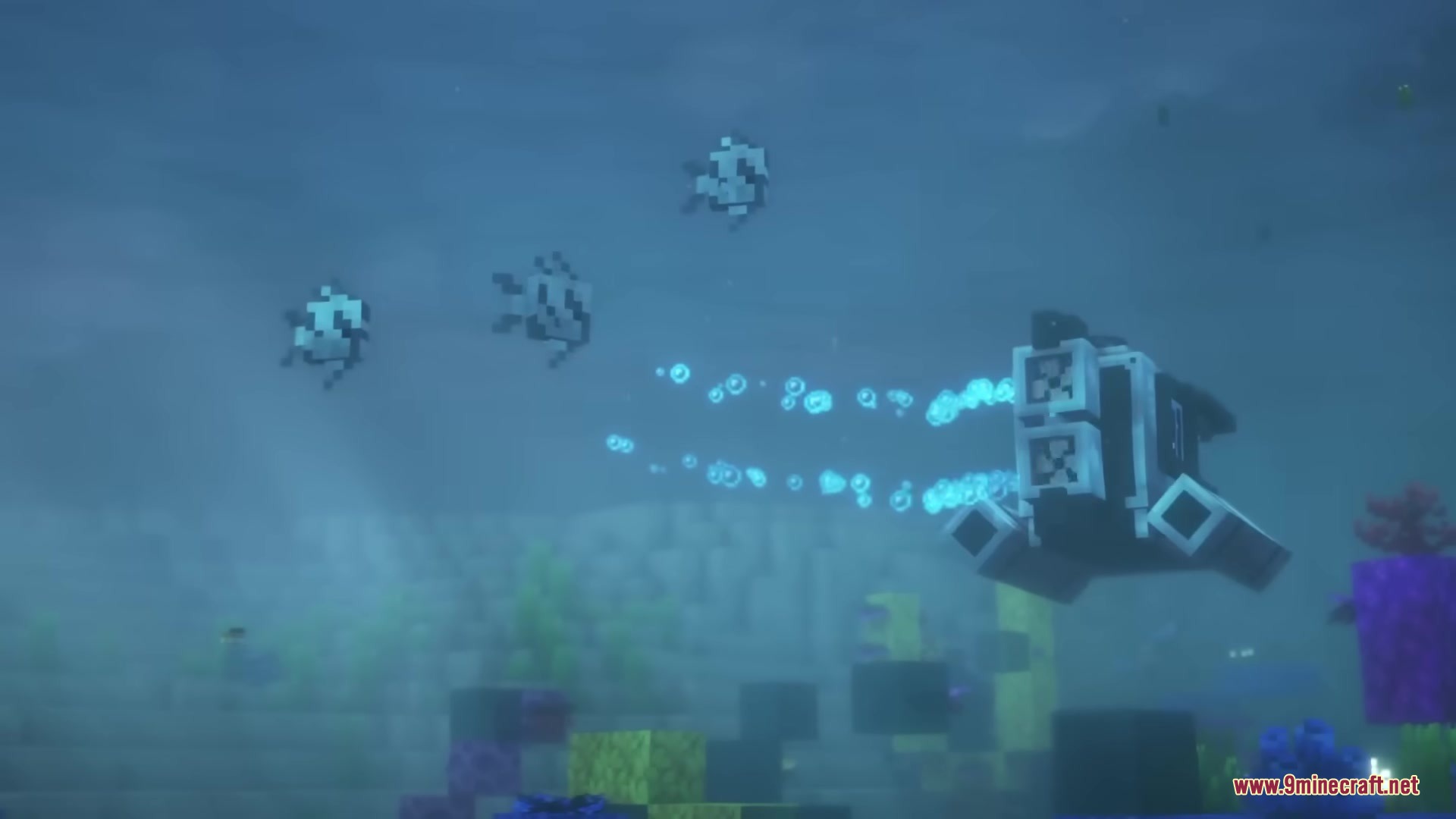 The Submarine Neo Forge Mod Screenshot 1 A submarine navigates deep underwater while releasing a trail of bubbles