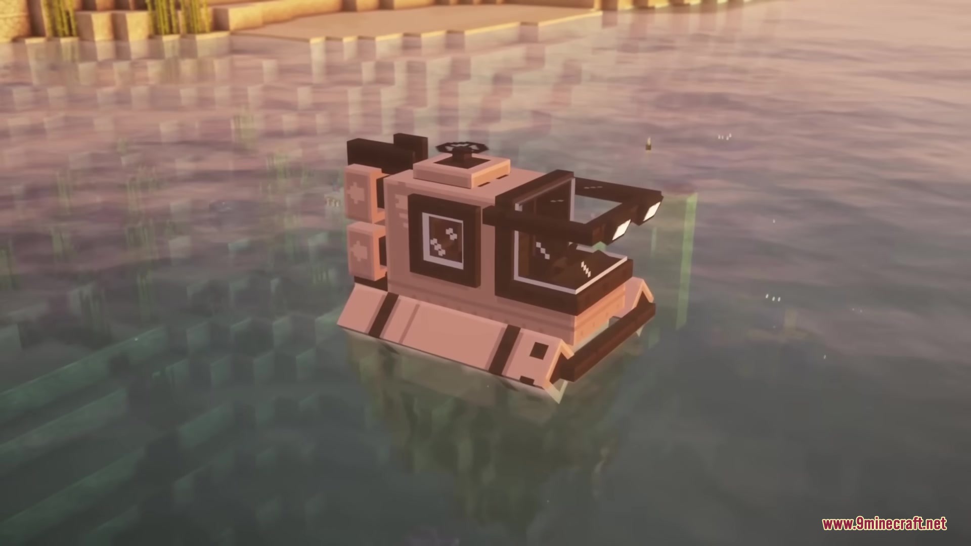 The Submarine Neo Forge Mod Screenshot 2 A submarine floats on the water surface near the shore at sunset