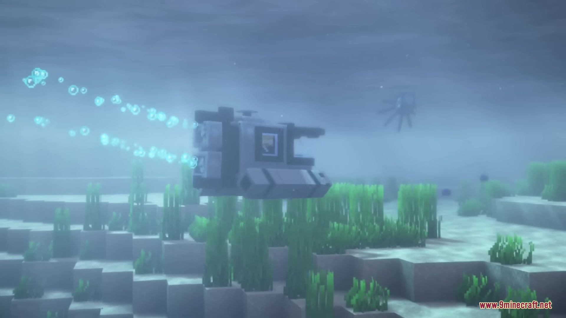 The Submarine Neo Forge Mod Screenshot 3 A blocky submarine moves through the ocean floor leaving bubble trails
