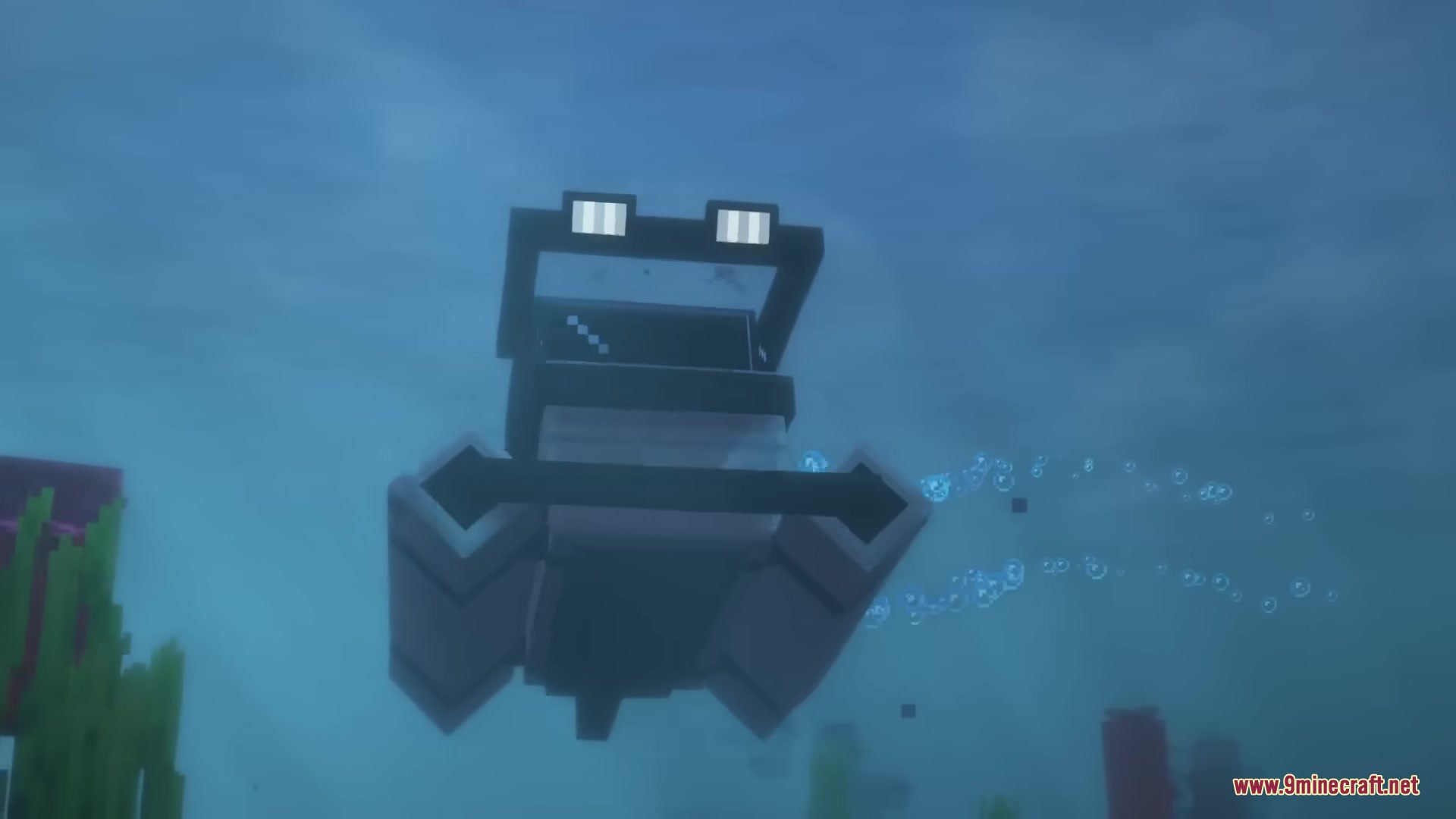 The Submarine Neo Forge Mod Screenshot 8 A submarine with bright lanterns explores the deep blue underwater environment
