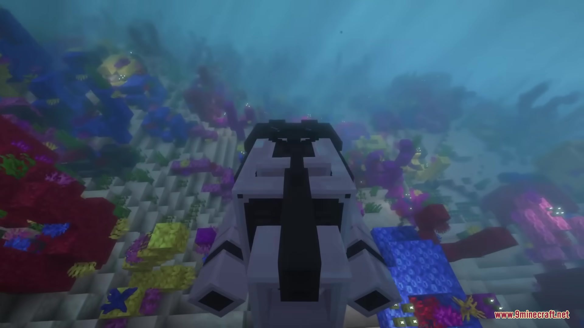 The Submarine Neo Forge Mod Screenshot 10 White submarine navigating through a colorful coral reef in the ocean
