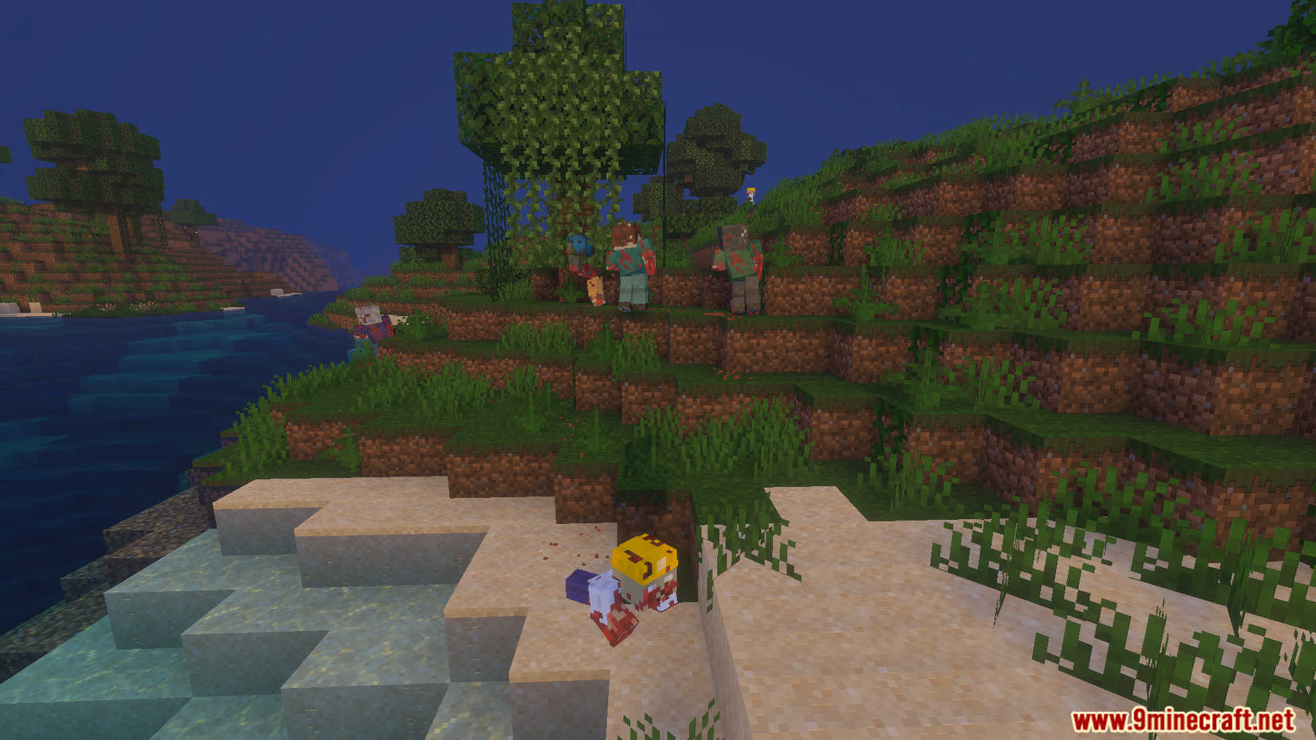 The Walking Zed Addon Screenshot 3 Various new zombie types spawning on a grassy shore near the water