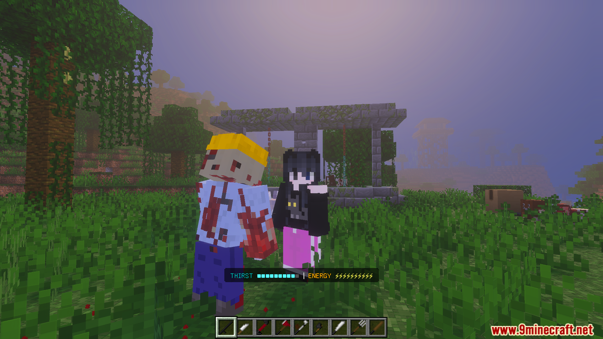 The Walking Zed Addon Screenshot 7 Player and zombie standing near stone ruins in forest