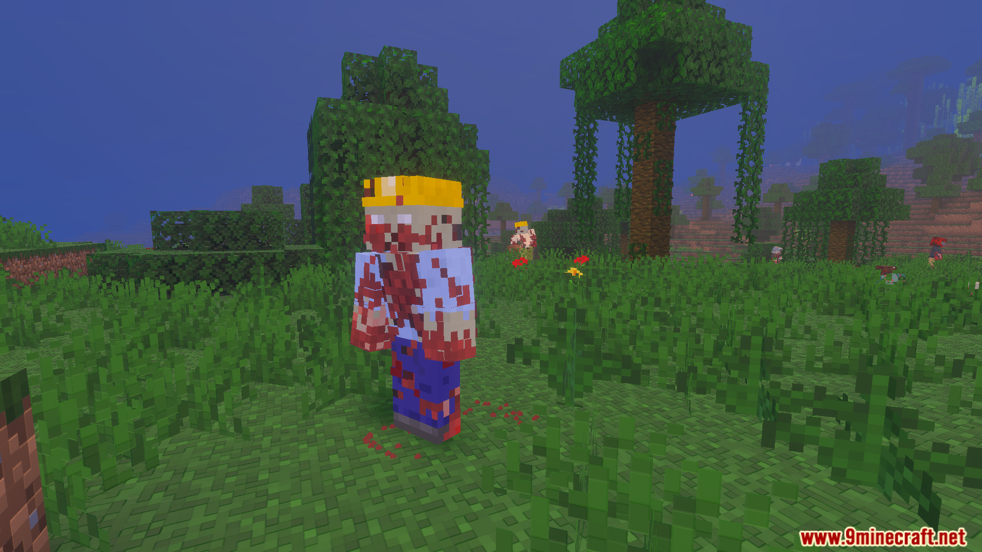 The Walking Zed Addon Screenshot 9 A bloody zombie wearing a yellow hard hat standing in a grassy biome