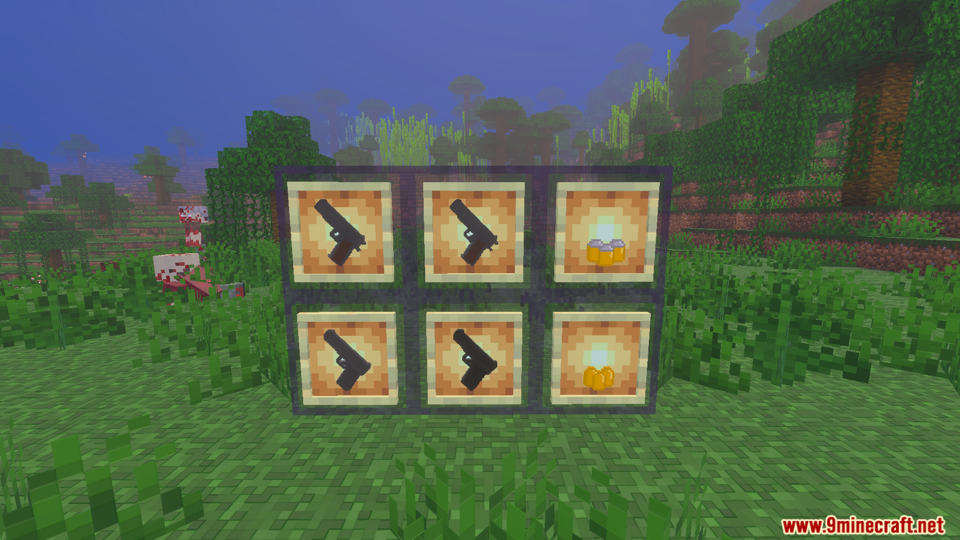 The Walking Zed Addon Screenshot 10 Several black weapons and yellow items displayed in item frames on obsidian blocks