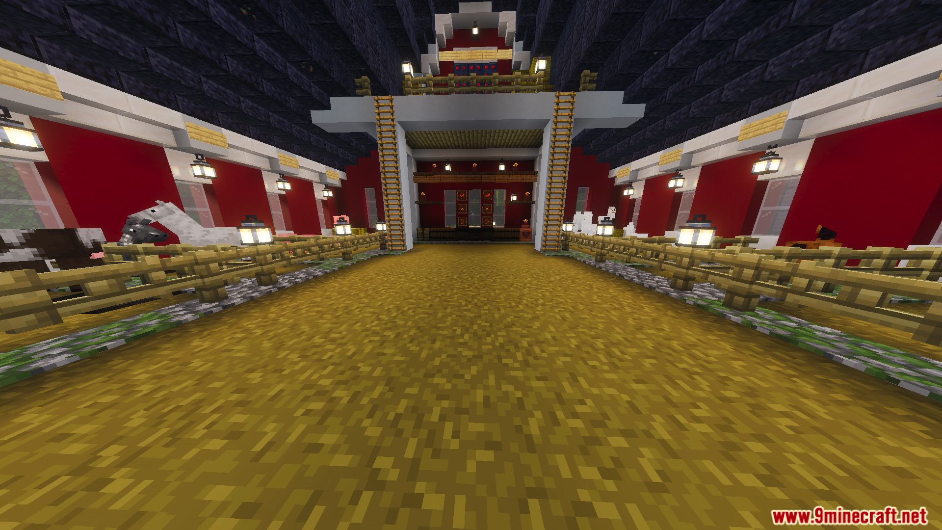 Tiny Takeover Farmstead Map Screenshot 7 Inside a red barn with animal pens lit by hanging lanterns and wooden fences