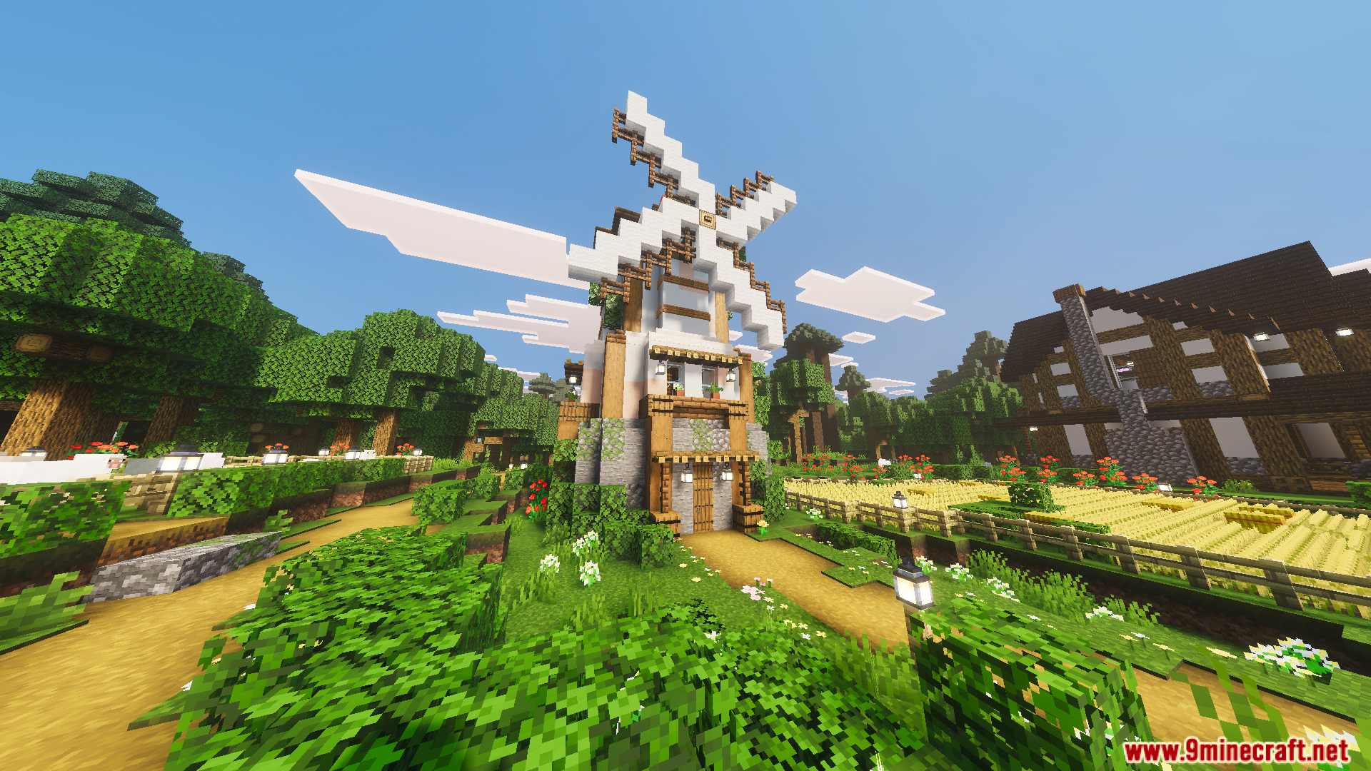 Tiny Takeover Farmstead Map Screenshot 8 Tiny Takeover Farmstead Map features a tall windmill overlooking scenic crop fields and farmhouse