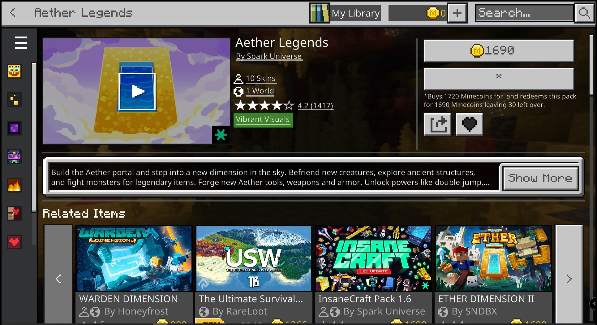 Toggle Night Vision Shader Screenshot 7 Minecraft marketplace interface showing the Aether Legends pack and related world items
