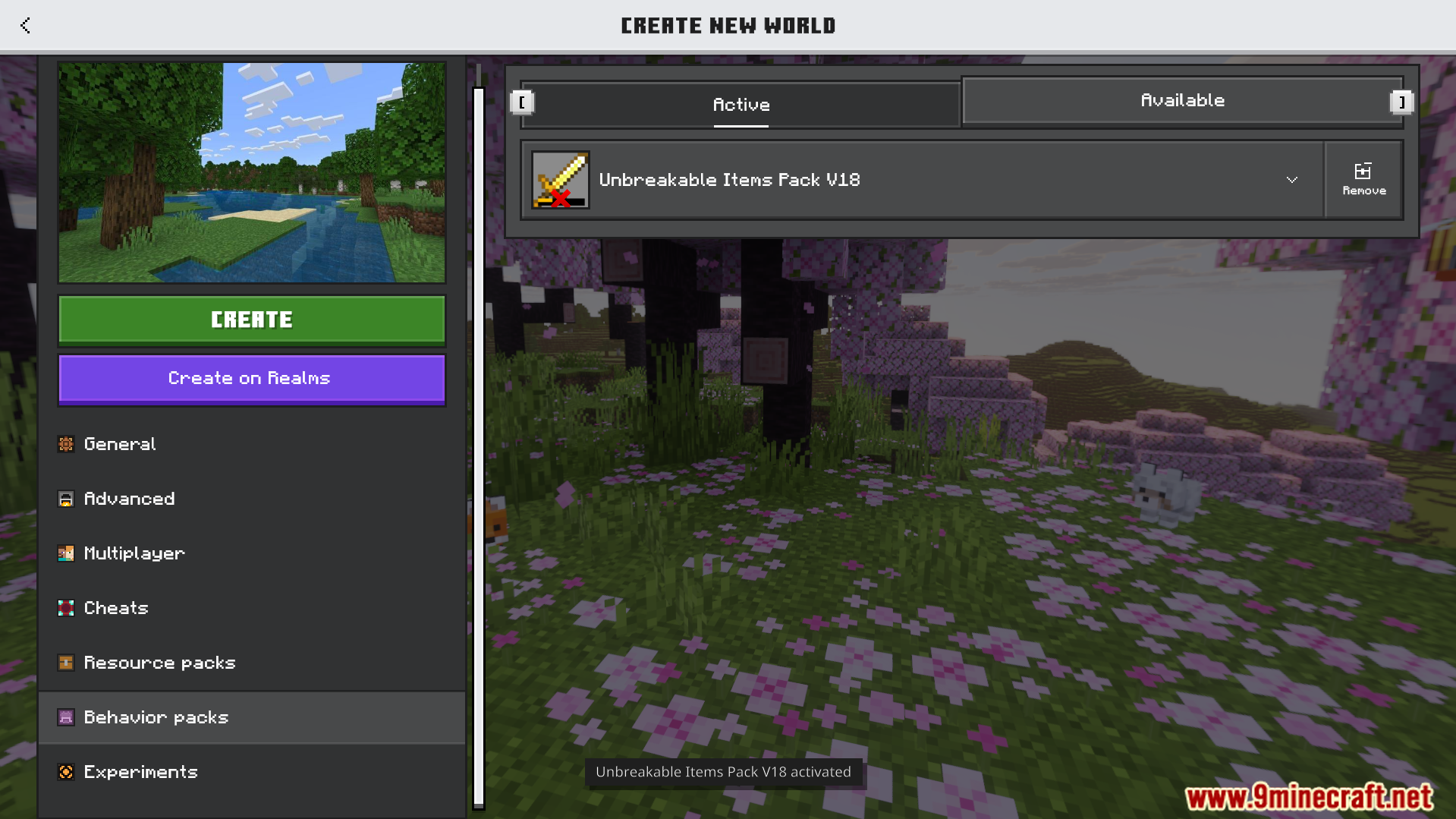 Activating the Unbreakable Items Pack in the world creation menu
