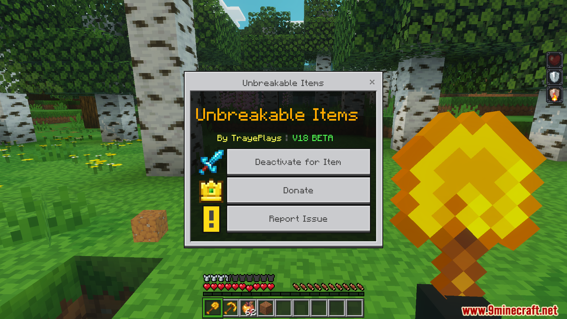 Menu interface for managing unbreakable items settings in game