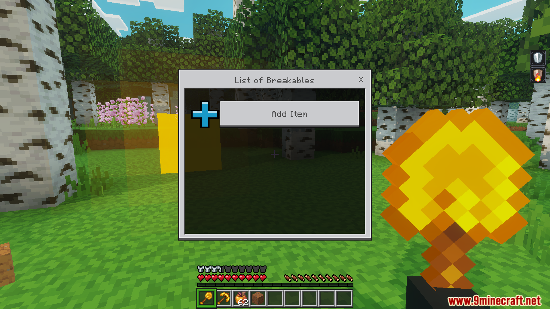 List of breakables interface showing add item button option