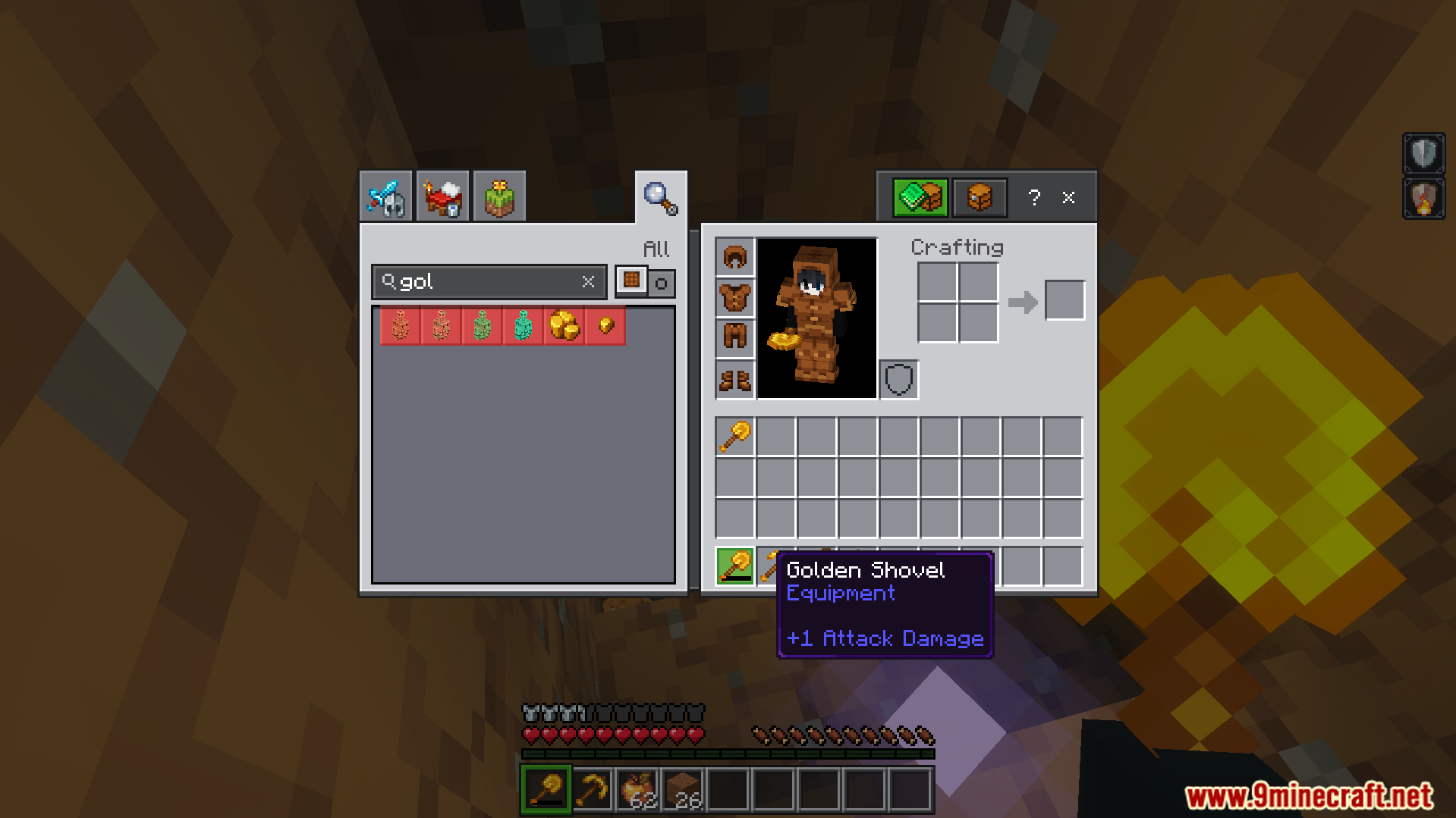 Inventory screen showing an unbreakable golden shovel item