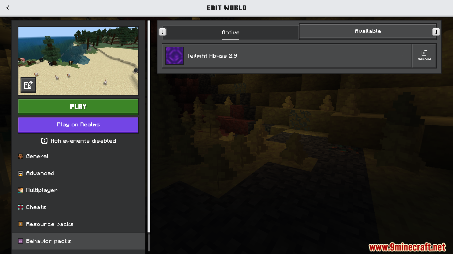Minecraft Bedrock edit world menu showing the active Twilight Abyss behavior pack
