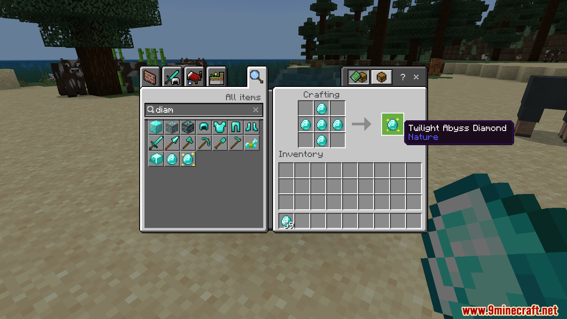 Crafting recipe for a special diamond used to activate a water portal