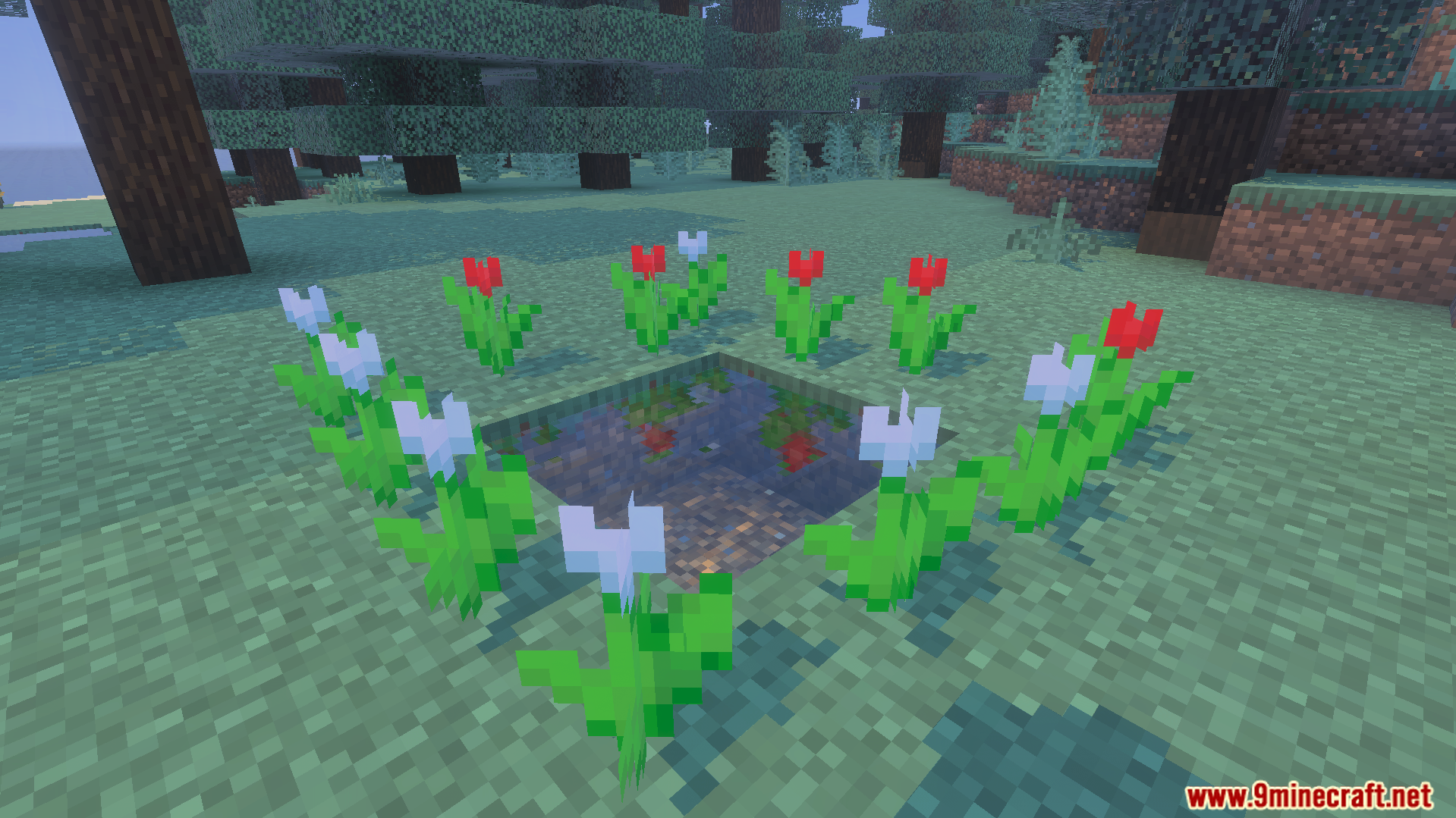 Small water pool surrounded by red and white tulips in a forest biome