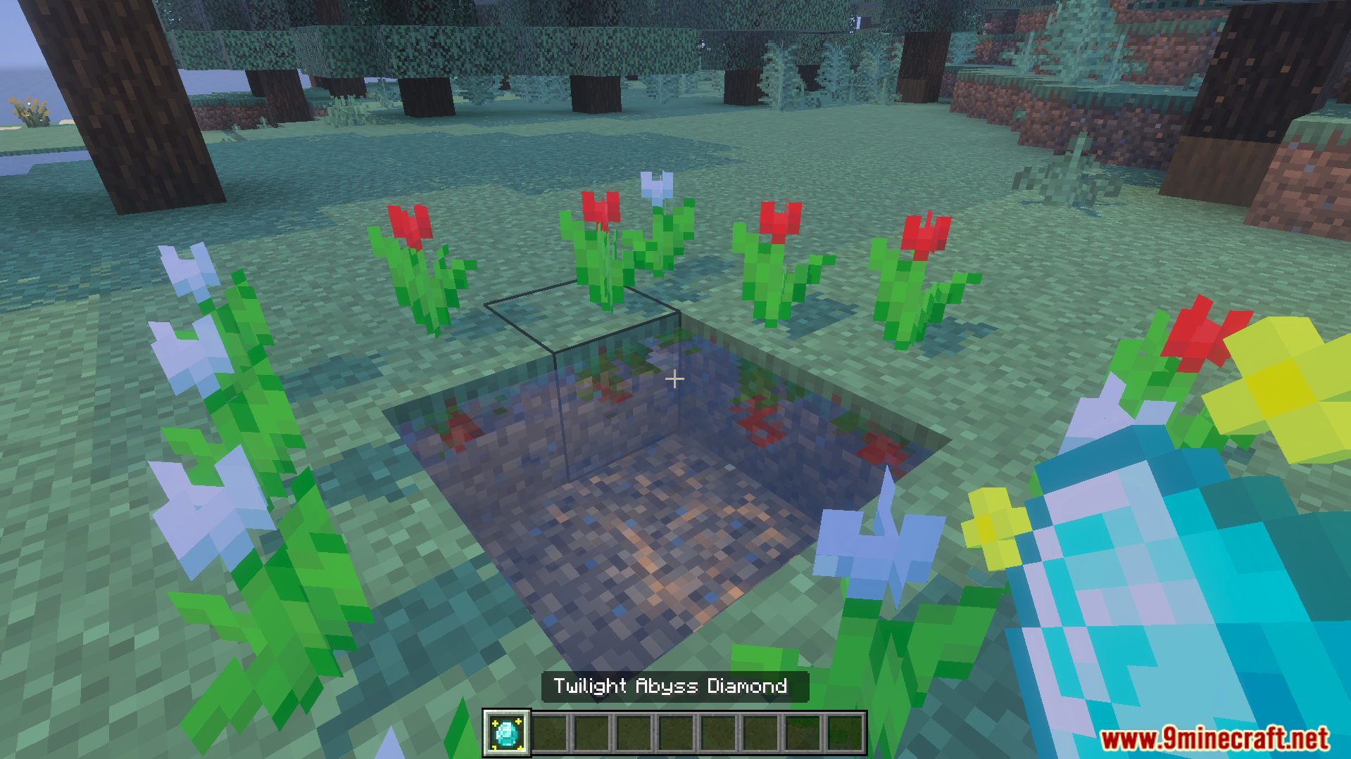 Player holding a Twilight Abyss Diamond next to a flower surrounded water portal