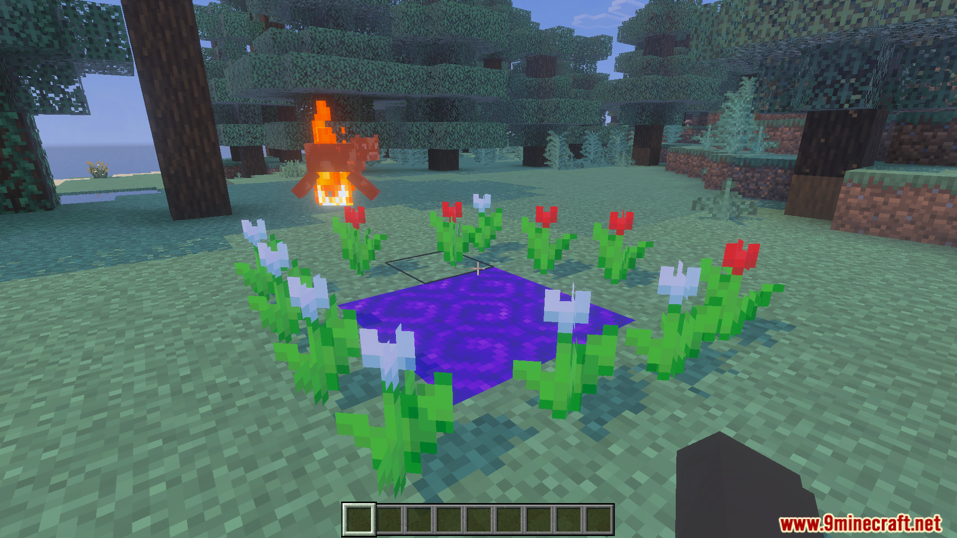 A purple water portal surrounded by flowers in the Twilight Abyss Dimension Addon