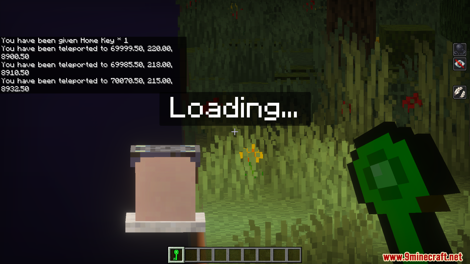The player holds a green Home Key during a dimension loading screen