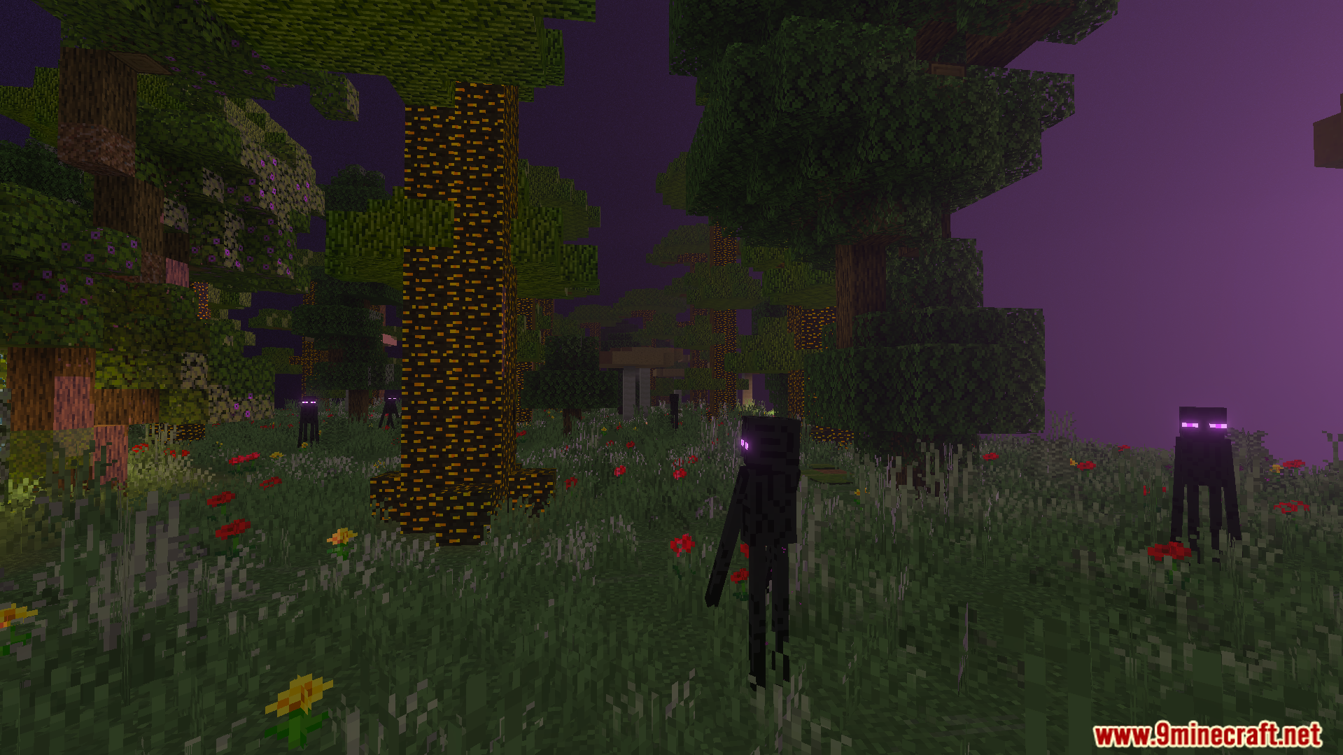 Endermen roaming the Umbra Birch biome with glowing trees and purple sky