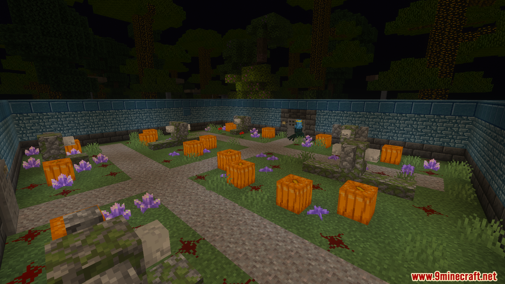 A dungeon courtyard filled with pumpkins purple crystals and mossy stone structures
