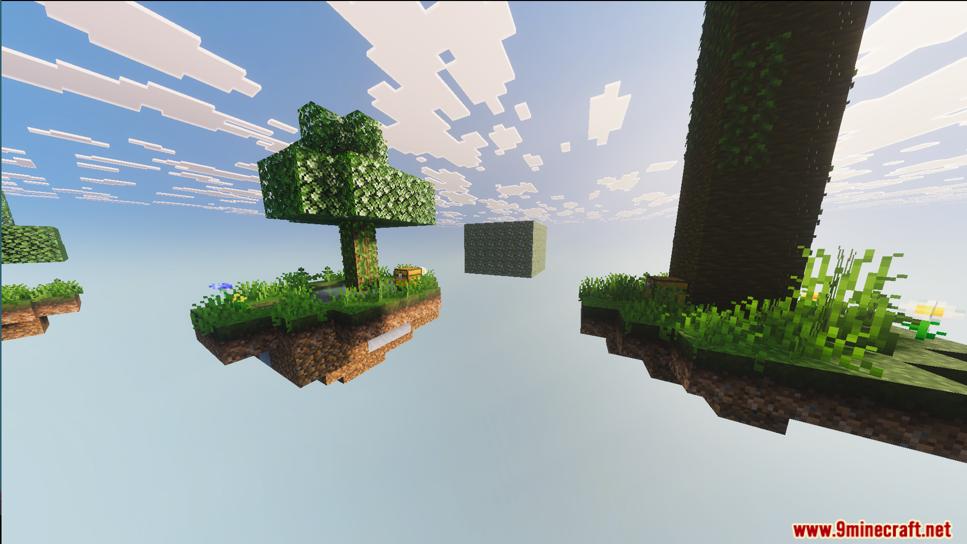 Ultimate Skyblock Adventure Map Screenshot 2 Multiple floating islands with different trees and biomes in the endless void