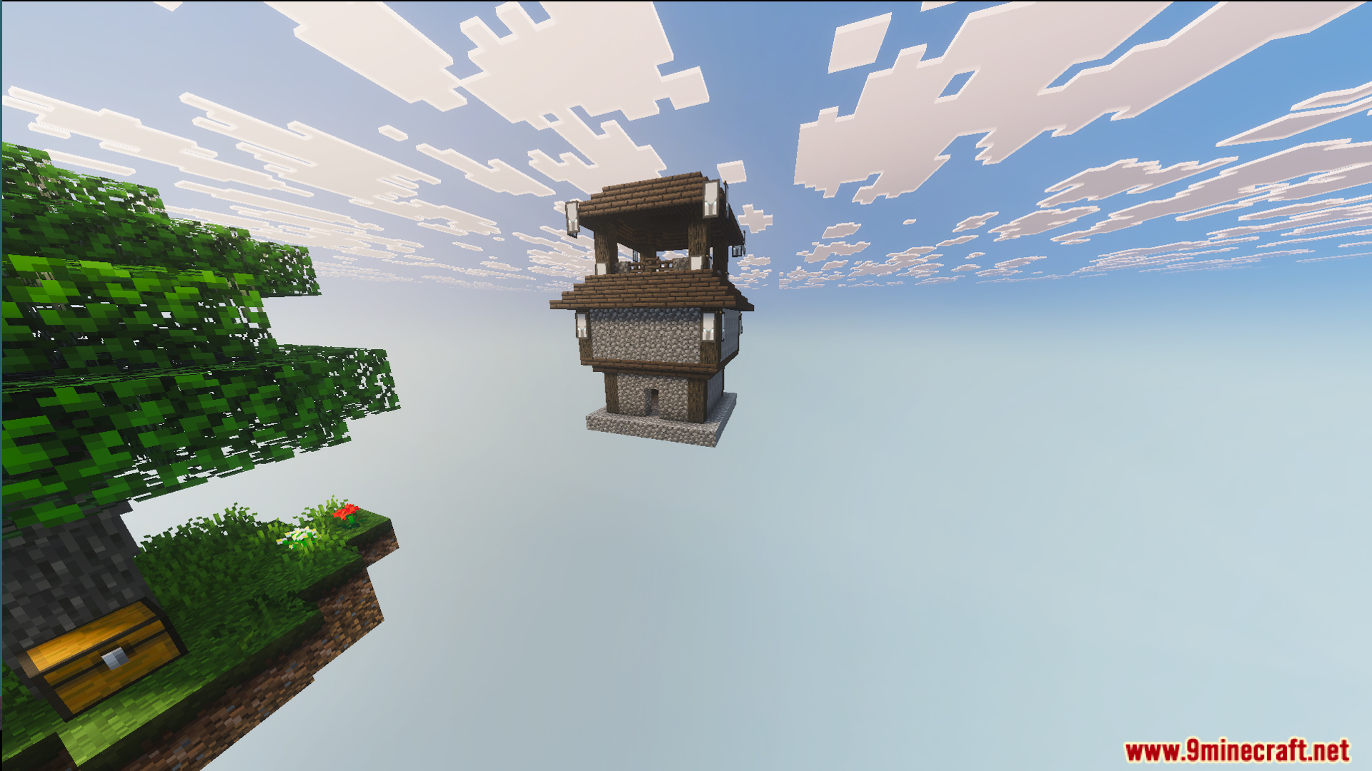 Ultimate Skyblock Adventure Map Screenshot 4 A wooden chest on a floating island near a tall stone tower