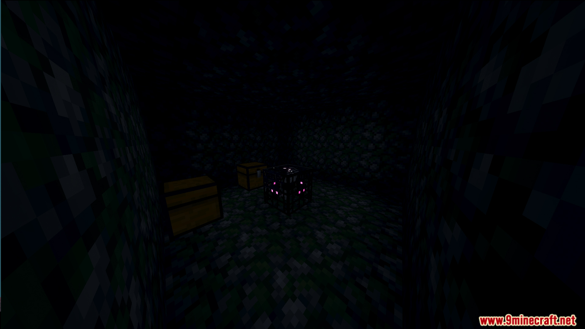 Ultimate Skyblock Adventure Map Screenshot 8 A dark dungeon room featuring a monster spawner and two wooden chests