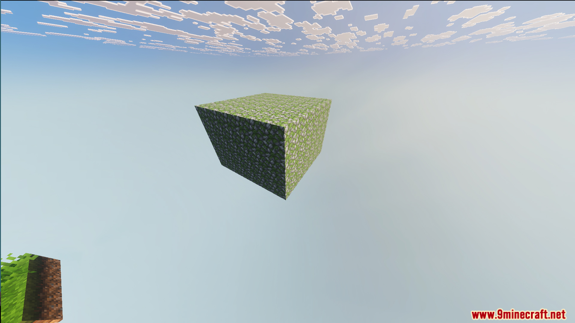Ultimate Skyblock Adventure Map Screenshot 9 A floating mossy cobblestone island in the Ultimate Skyblock Adventure Map void