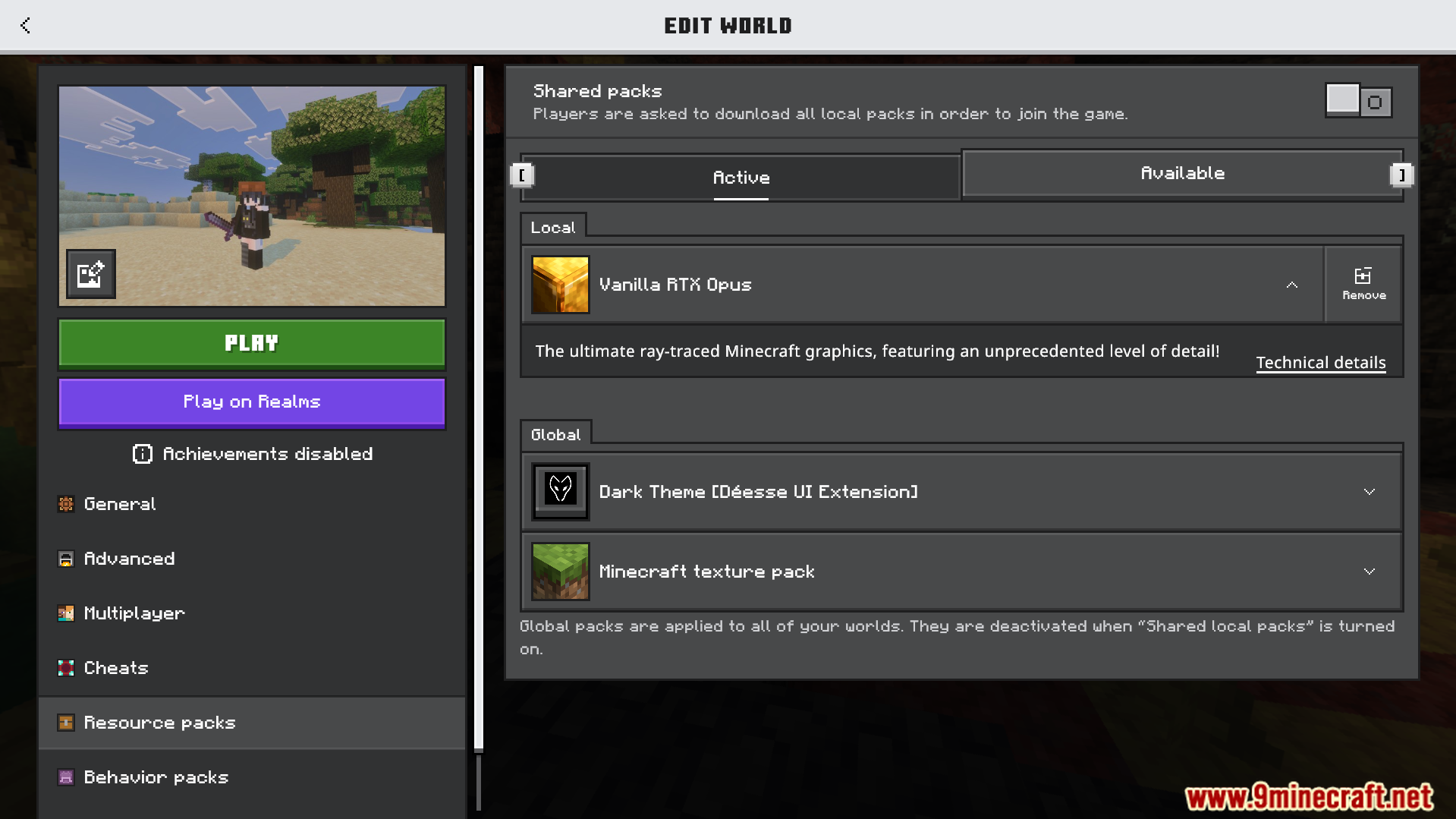 Vanilla RTX Opus Shader Screenshot 1 Minecraft Edit World menu showing the Vanilla RTX Opus resource pack active