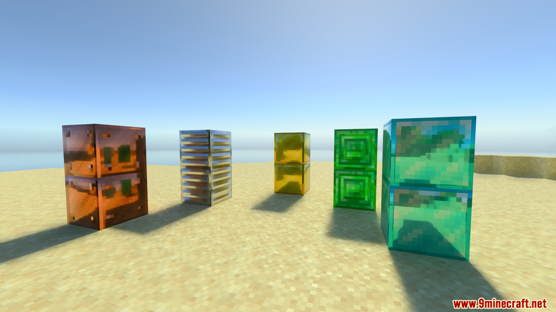 Vanilla RTX Opus Shader Screenshot 3 Vanilla RTX Opus Shader displays highly reflective metallic blocks on a sunny beach