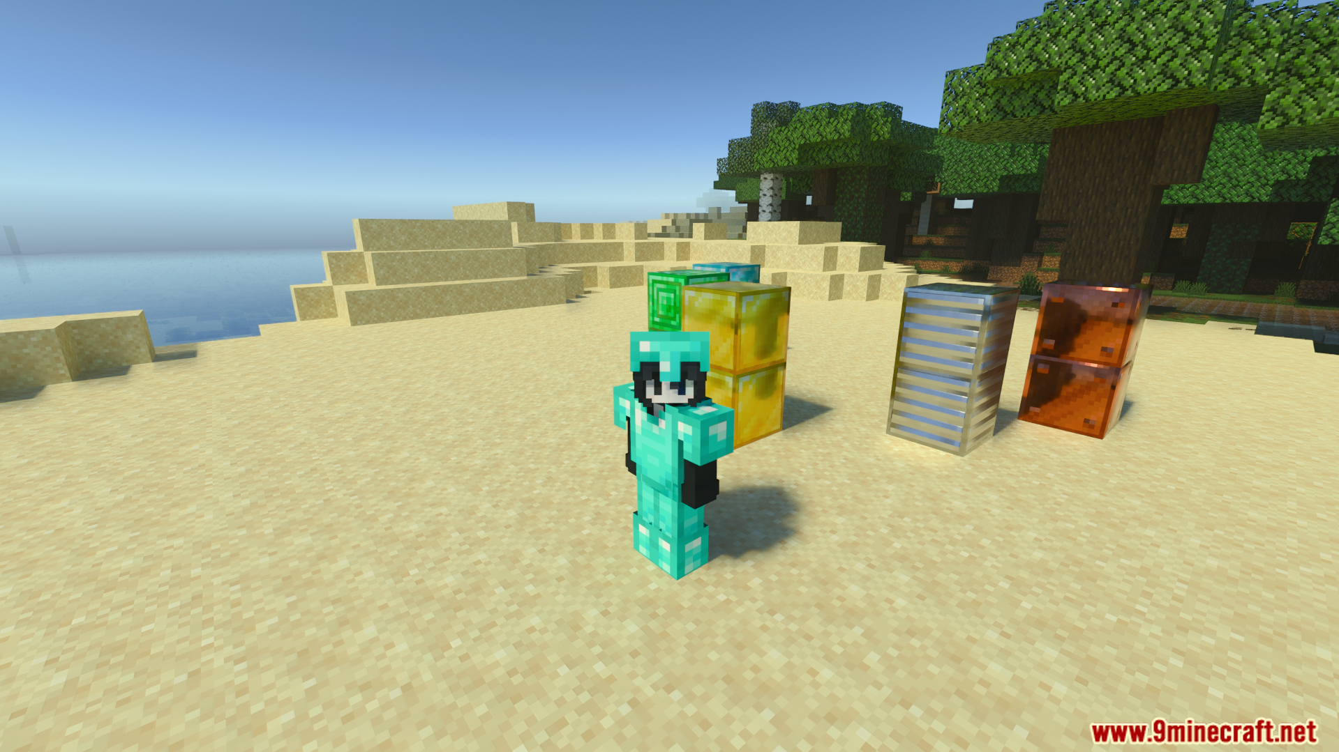 Vanilla RTX Opus Shader Screenshot 4 Player wearing diamond armor standing near reflective resource blocks on a sandy beach
