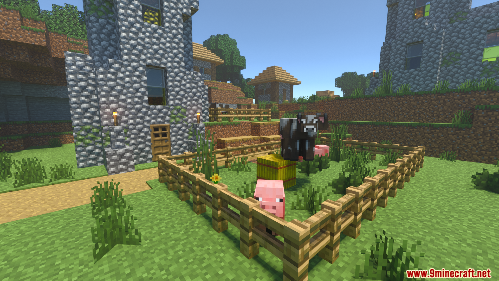 Vanilla RTX Opus Shader Screenshot 7 Vanilla RTX Opus Shader adds realistic depth to cobblestone buildings and farm animals
