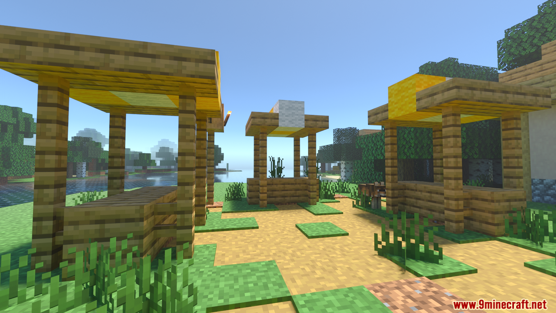Vanilla RTX Opus Shader Screenshot 8 Market stalls with yellow wool roofs showing realistic depth and lighting effects near water