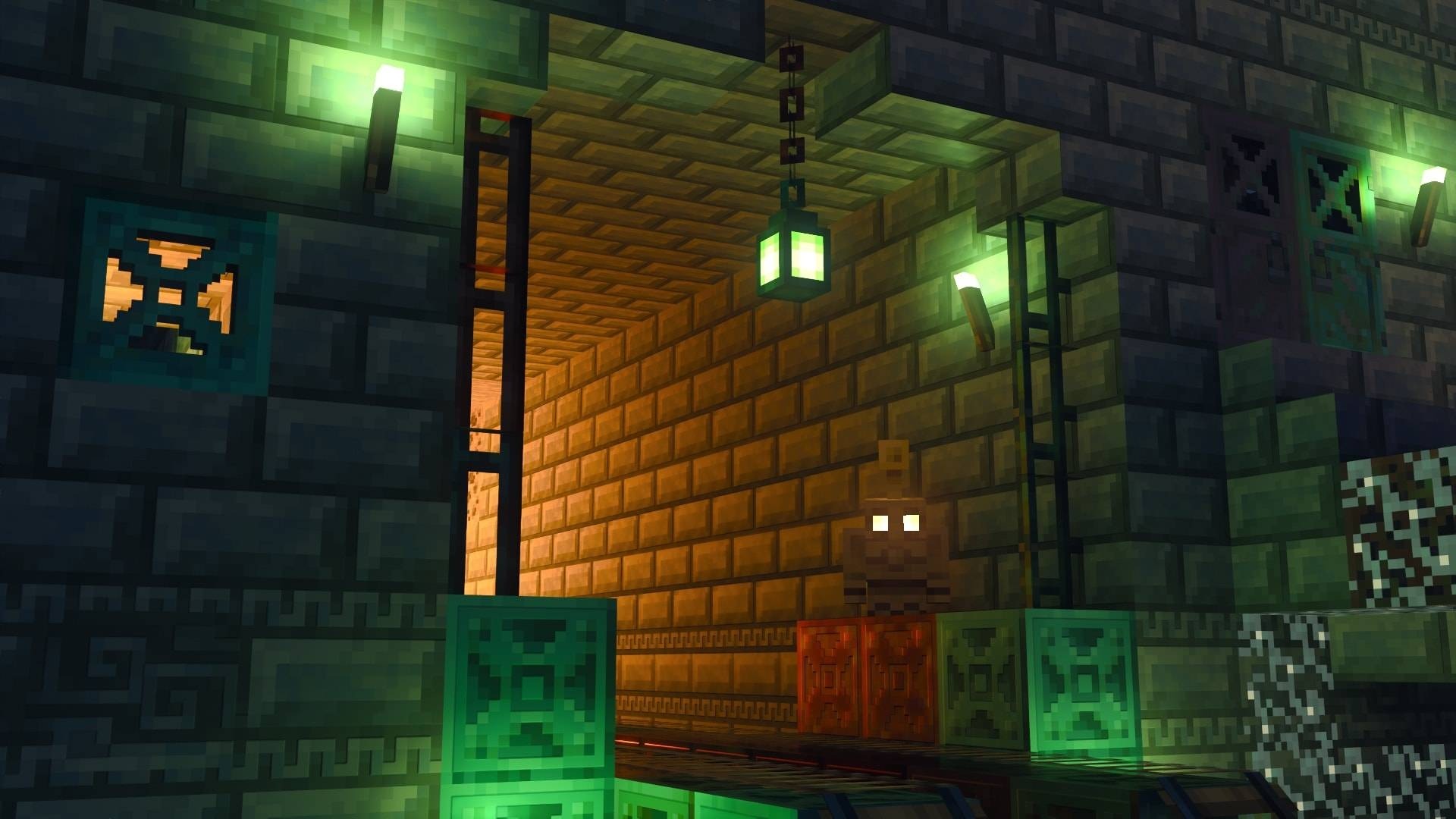 Vanilla RTX Texture Pack Screenshot 1 Ray tracing lighting effects on blocks with custom glowing creature eyes
