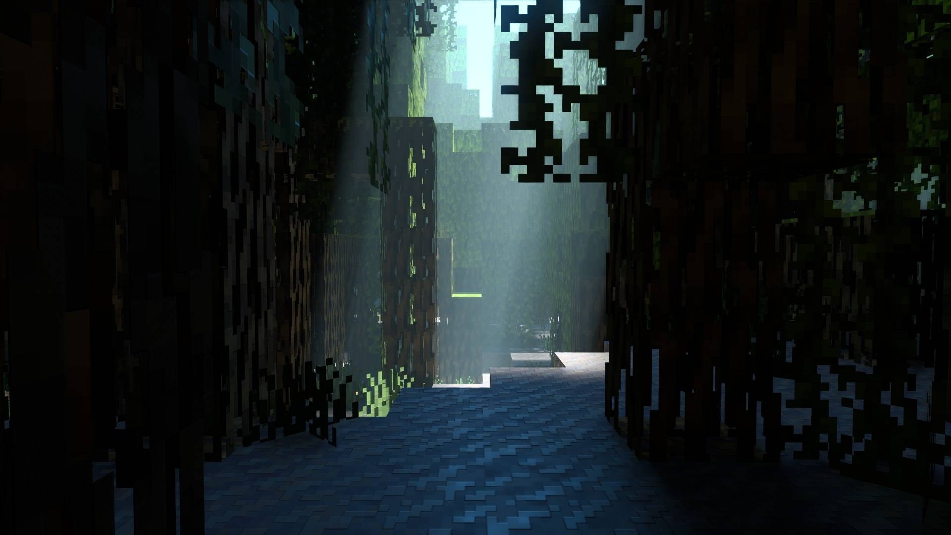 Vanilla RTX Texture Pack Screenshot 8 Sunlight rays filtering through trees onto a path with deep ray traced shadows