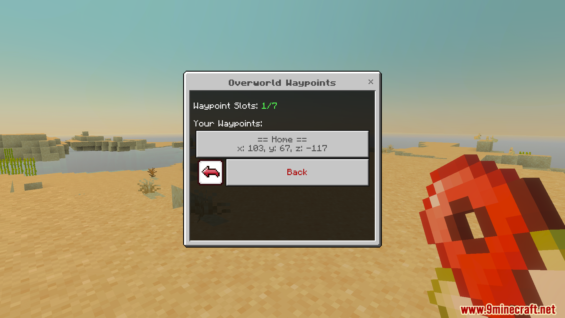 Overworld Waypoints menu showing the saved Home location coordinates