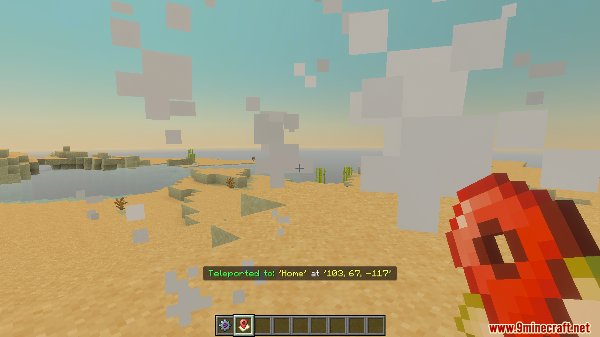 Player teleporting to a saved home location using the waypoints manager item