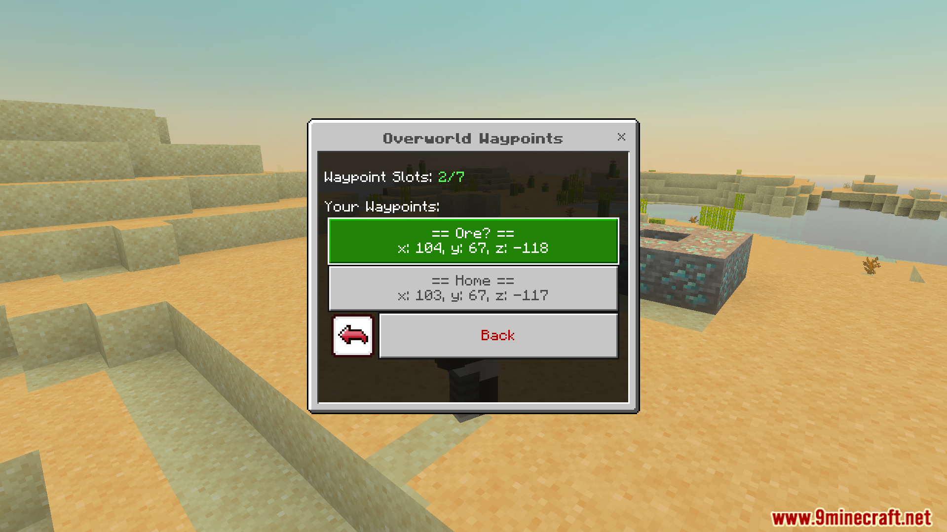 Overworld waypoints menu showing saved locations with exact coordinates for teleportation